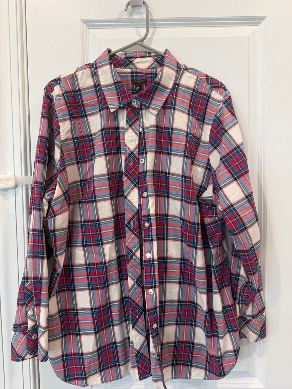 Talbots Plus 2X Women’s plaid Button Down Shirt 100% Cotton Red Blue Pink Preppy